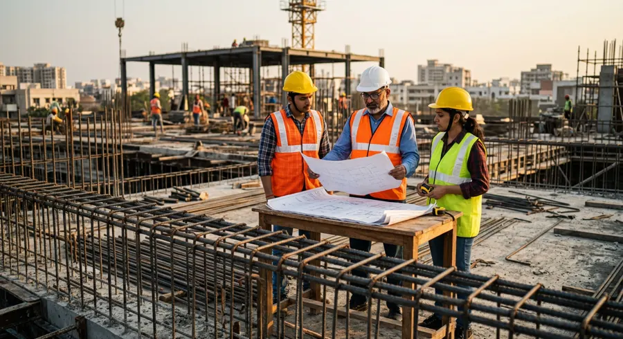 Engineers reviewing drawings on a construction site