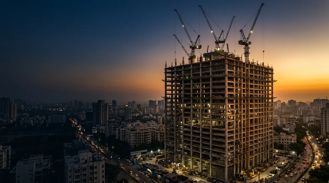 High-rise building under construction with tower cranes at dusk