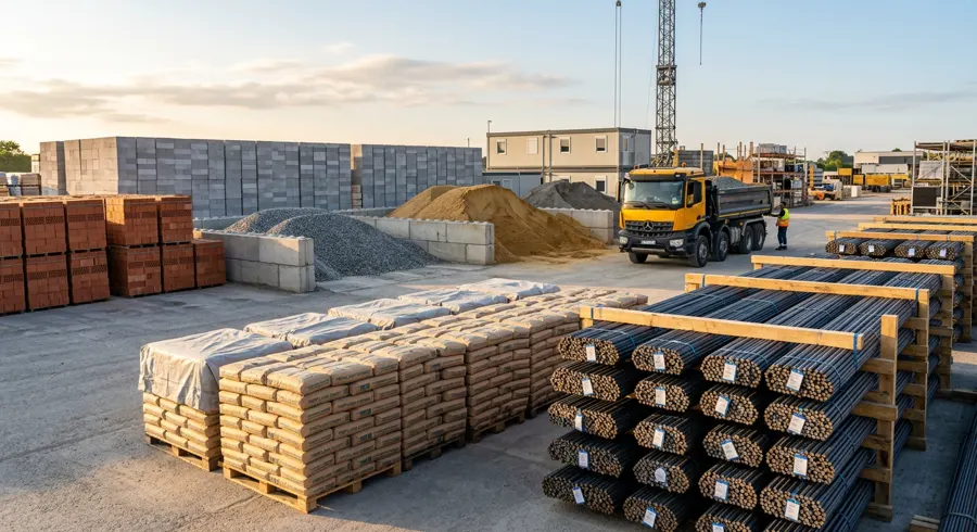 Stacks of steel rebar, cement bags, sand and bricks at a material yard